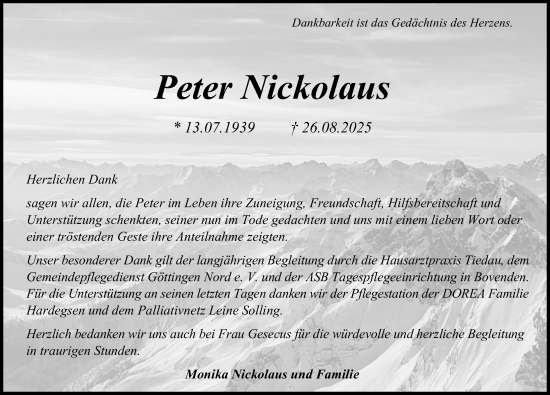 Traueranzeige von Peter Nickolaus von Göttinger Tageblatt