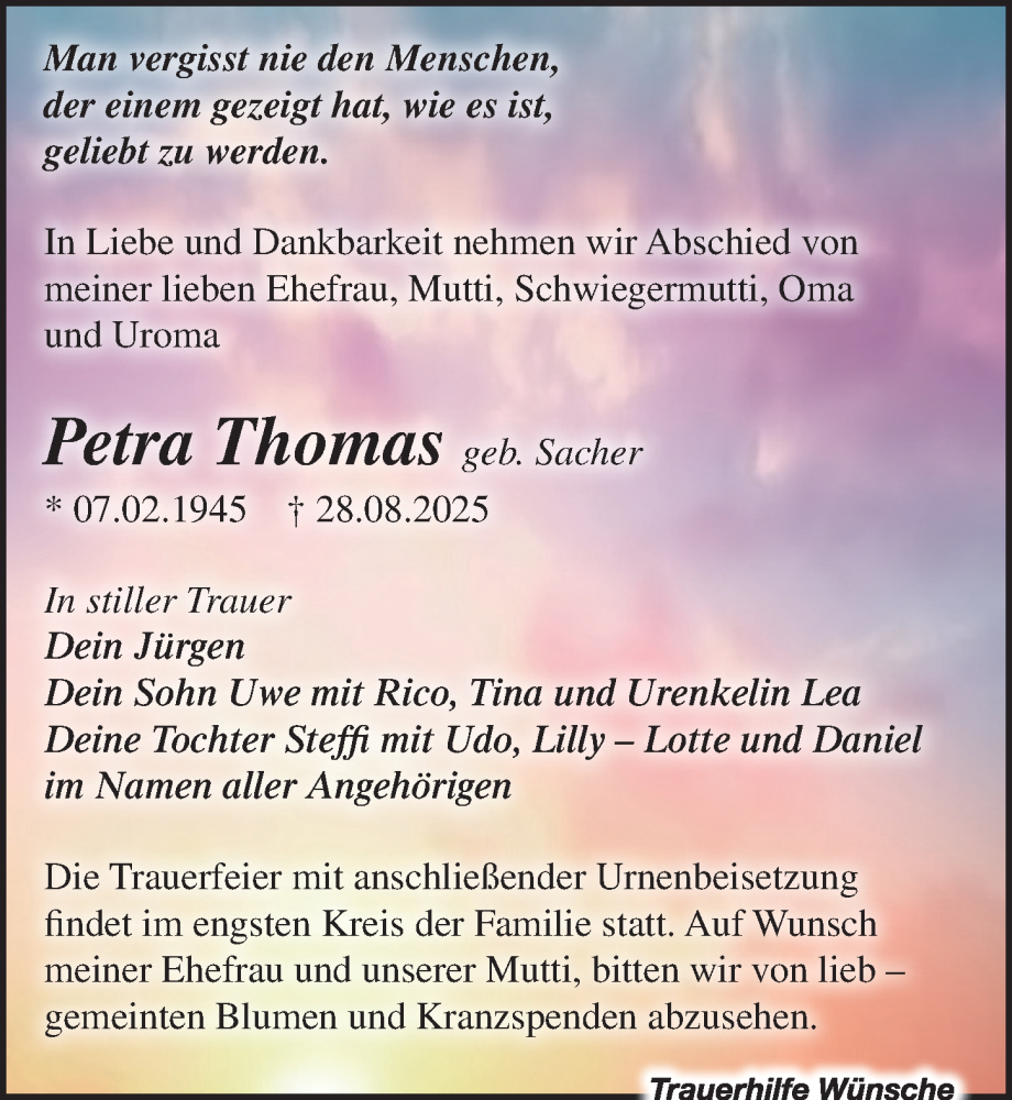  Traueranzeige für Petra Thomas vom 06.09.2025 aus Leipziger Volkszeitung