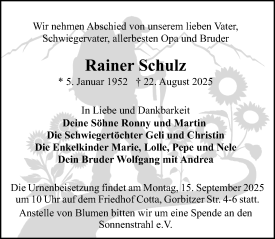 Traueranzeige von Rainer Schulz von Sächsische Zeitung