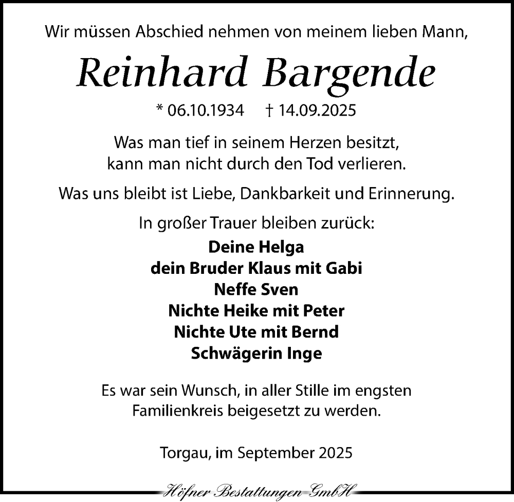  Traueranzeige für Reinhard Bargende vom 28.09.2025 aus Torgauer Zeitung