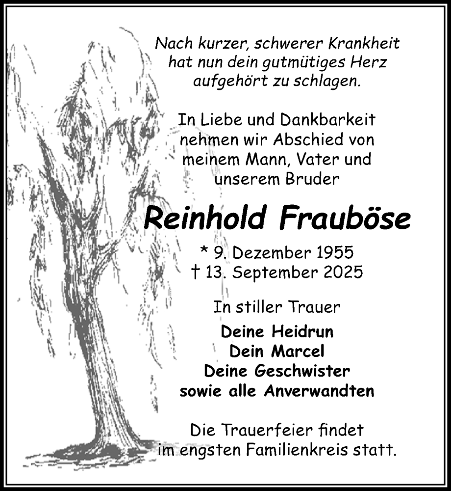  Traueranzeige für Reinhold Frauböse vom 20.09.2025 aus Wochenspiegel