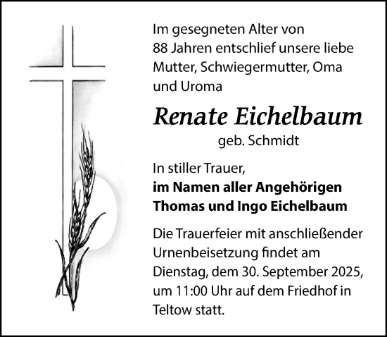 Traueranzeige von Renate Eichelbaum von Märkischen Allgemeine Zeitung