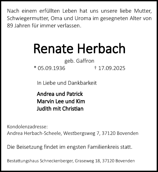 Traueranzeige von Renate Herbach von Göttinger Tageblatt
