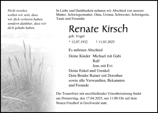 Traueranzeige von Renate Kirsch von Ostsee-Zeitung GmbH