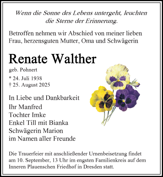 Traueranzeige von Renate Walther von Sächsische Zeitung
