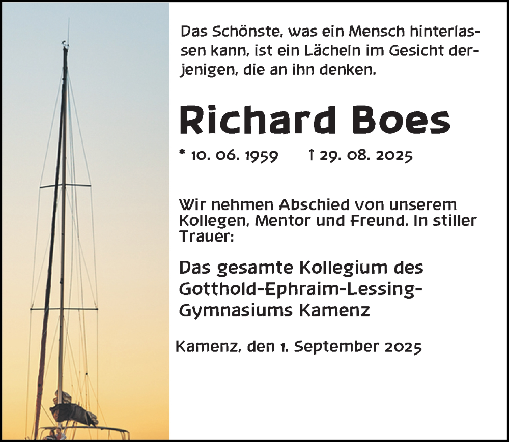  Traueranzeige für Richard Boes vom 04.09.2025 aus Sächsische Zeitung