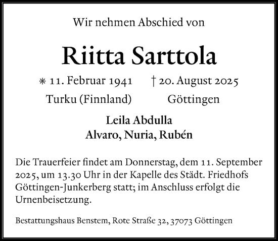 Traueranzeige von Riitta Sarttola von Göttinger Tageblatt