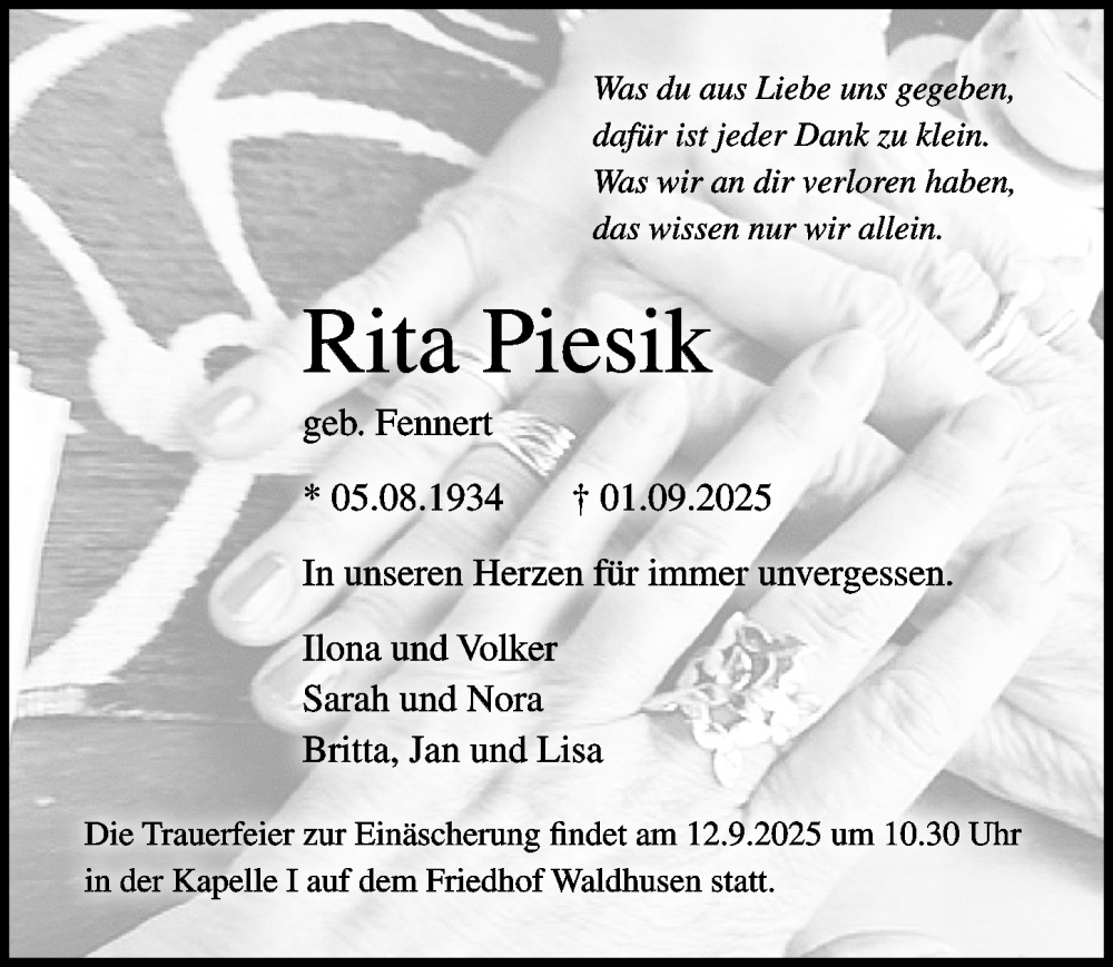  Traueranzeige für Rita Piesik vom 07.09.2025 aus Lübecker Nachrichten