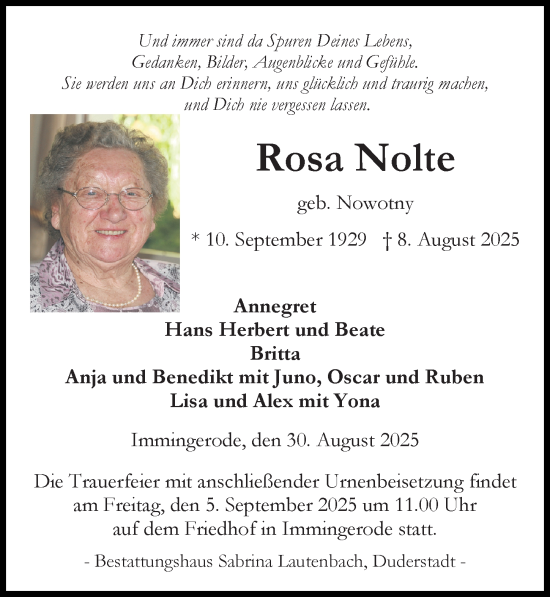 Traueranzeige von Rosa Nolte von Eichsfelder Tageblatt