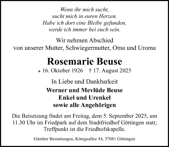 Traueranzeige von Rosemarie Beuse von Göttinger Tageblatt