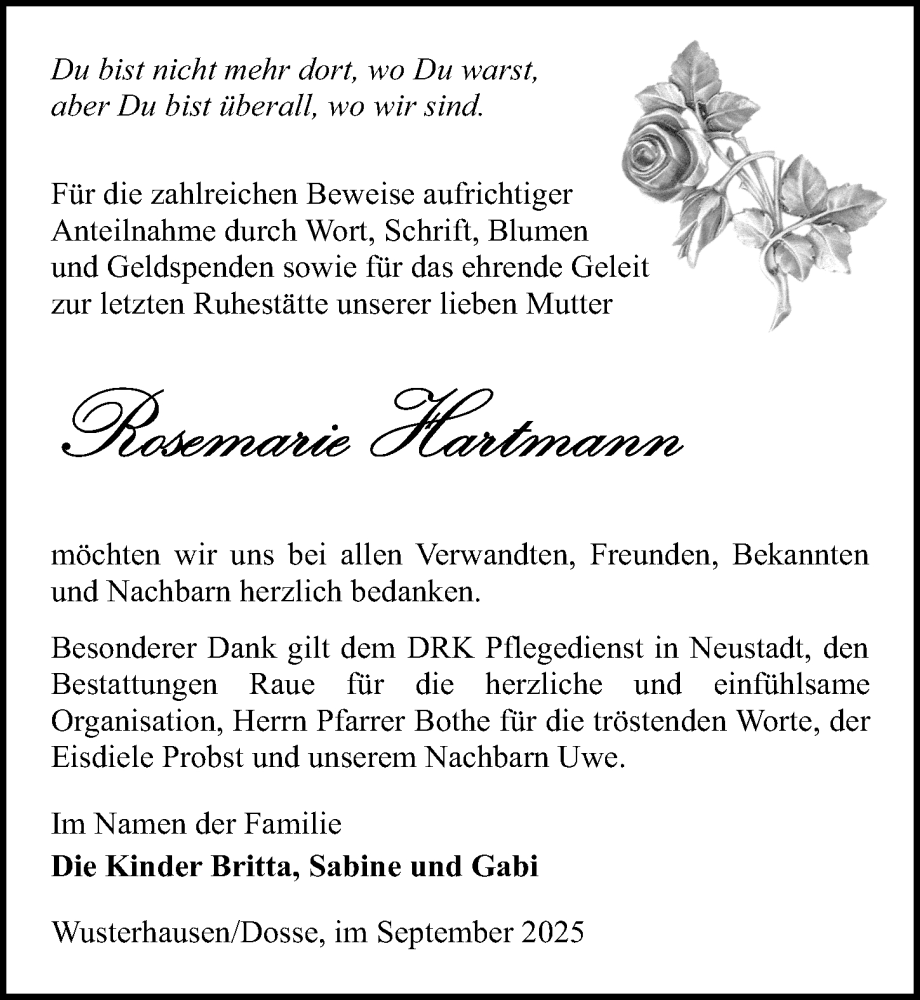  Traueranzeige für Rosemarie Hartmann vom 27.09.2025 aus Wochenspiegel