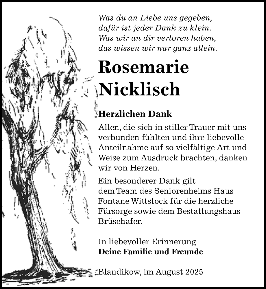  Traueranzeige für Rosemarie Nicklisch vom 06.09.2025 aus Wochenspiegel