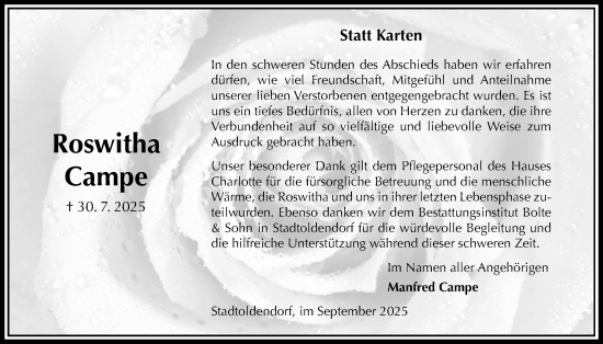 Traueranzeige von Roswitha Campe von Täglicher Anzeiger Holzminden