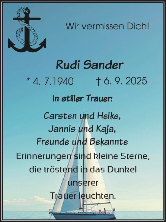 Traueranzeige von Rudi Sander von Göttinger Tageblatt