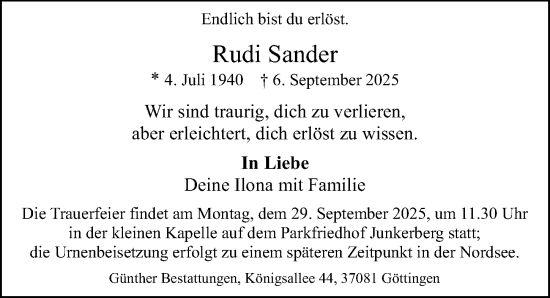 Traueranzeige von Rudi Sander von Göttinger Tageblatt