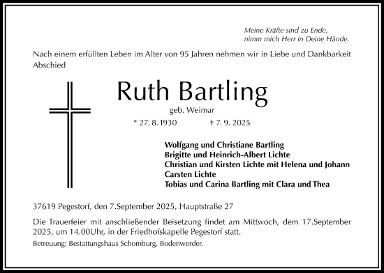 Traueranzeige von Ruth Bartling von Täglicher Anzeiger Holzminden