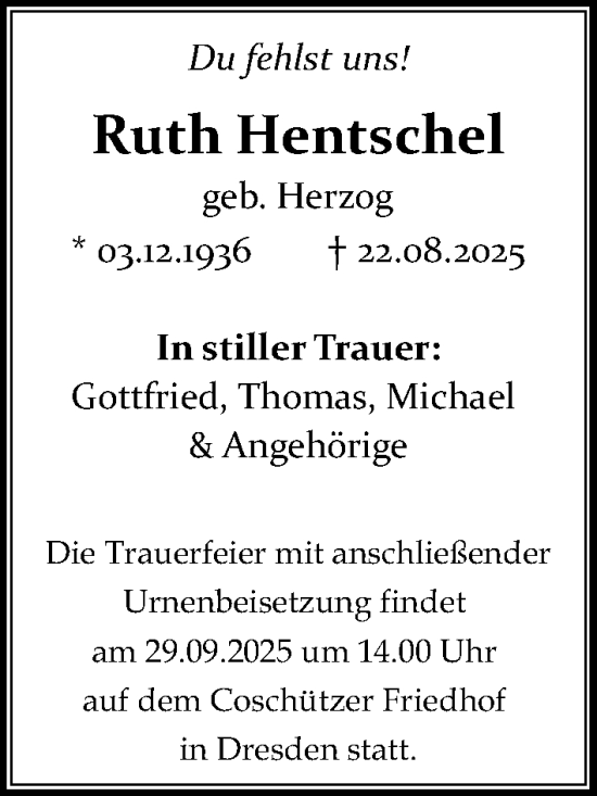 Traueranzeige von Ruth Hentschel von Sächsische Zeitung