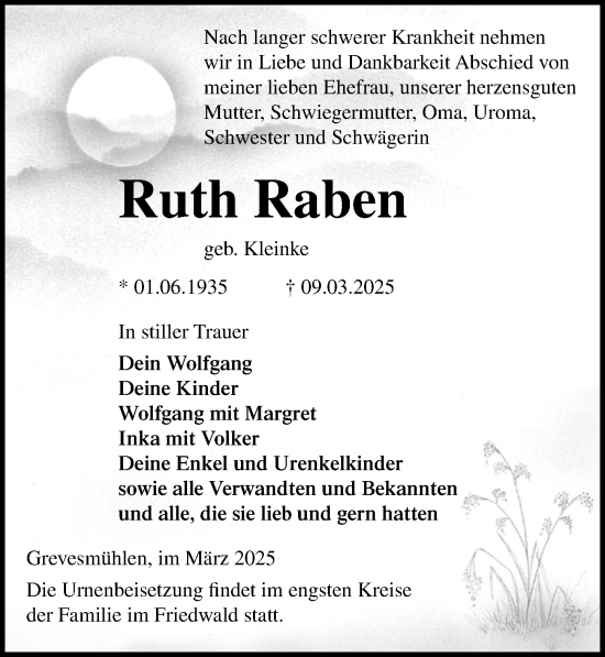 Traueranzeige von Ruth Raben von Ostsee-Zeitung GmbH