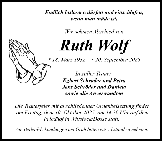 Traueranzeige von Ruth Wolf von Wochenspiegel