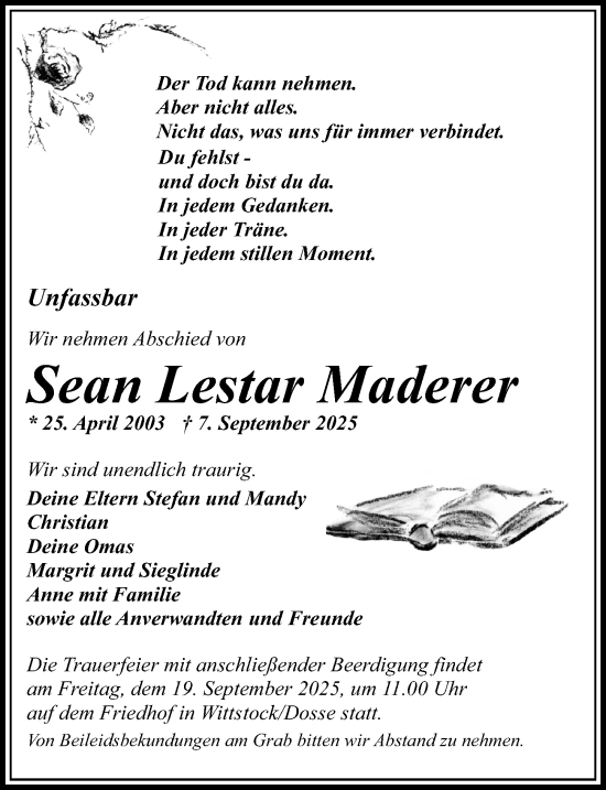 Traueranzeige von Sean Lestar Maderer von Wochenspiegel