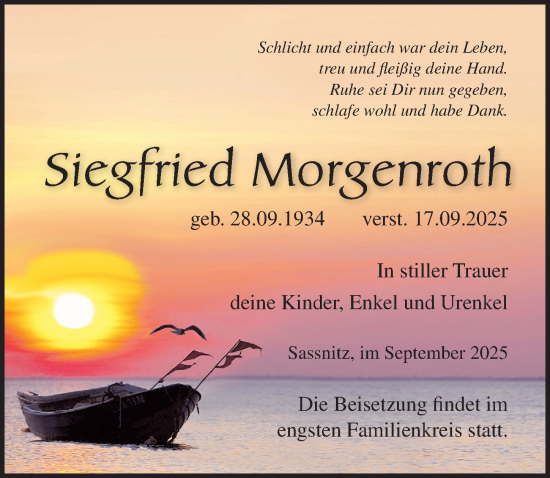Traueranzeige von Siegfried Morgenroth von Ostsee-Zeitung GmbH