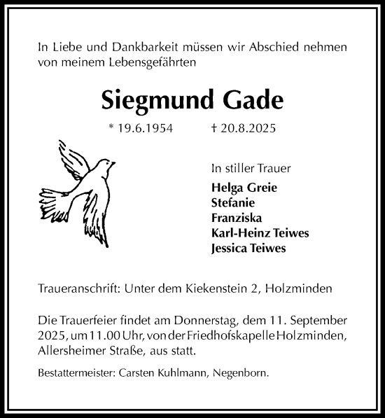 Traueranzeige von Siegmund Gade von Täglicher Anzeiger Holzminden