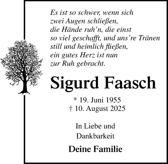 Traueranzeige von Sigurd Faasch von Lübecker Nachrichten