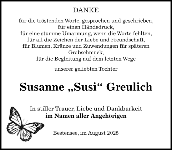 Traueranzeige von Susanne Greulich von Märkischen Allgemeine Zeitung