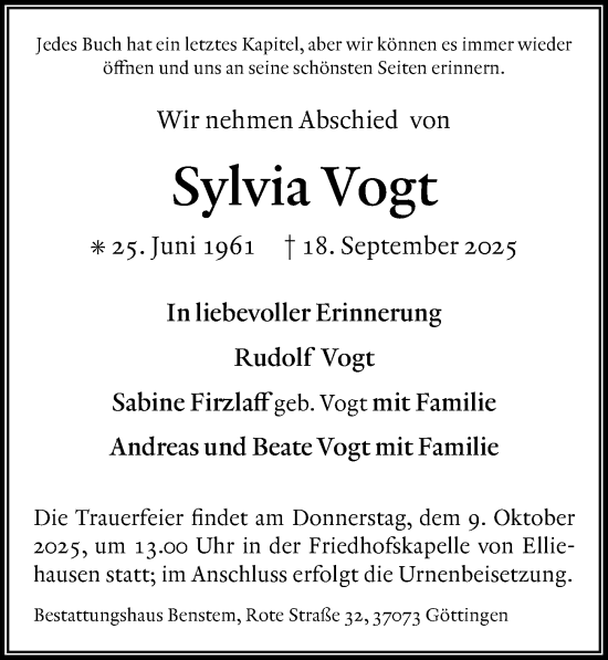 Traueranzeige von Sylvia Vogt von Göttinger Tageblatt