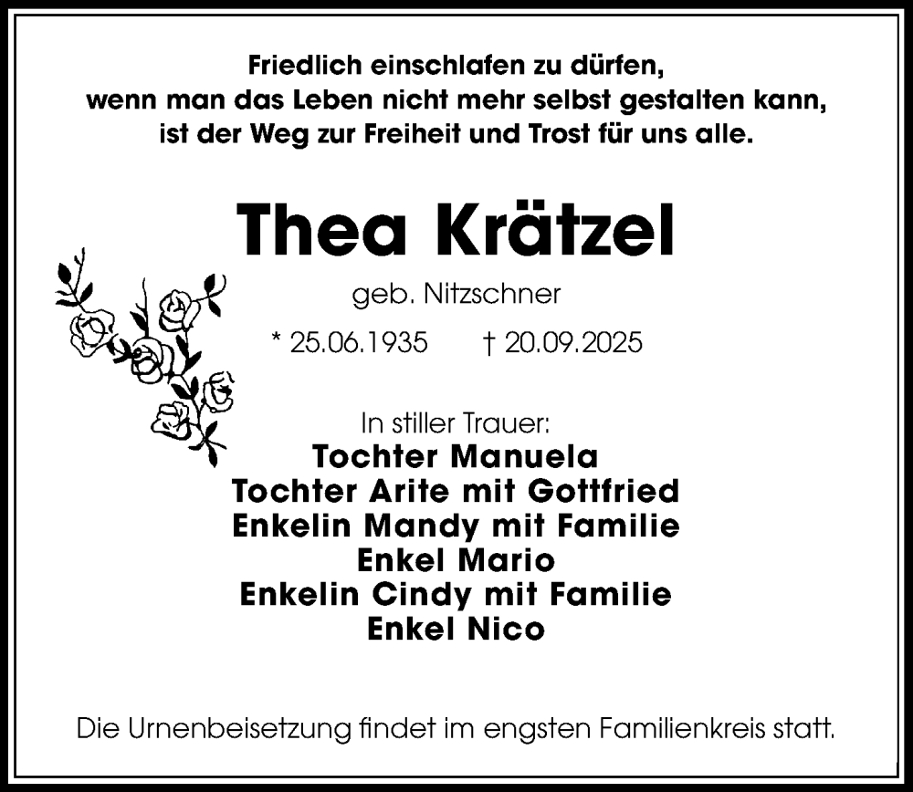  Traueranzeige für Thea Krätzel vom 27.09.2025 aus Sächsische Zeitung