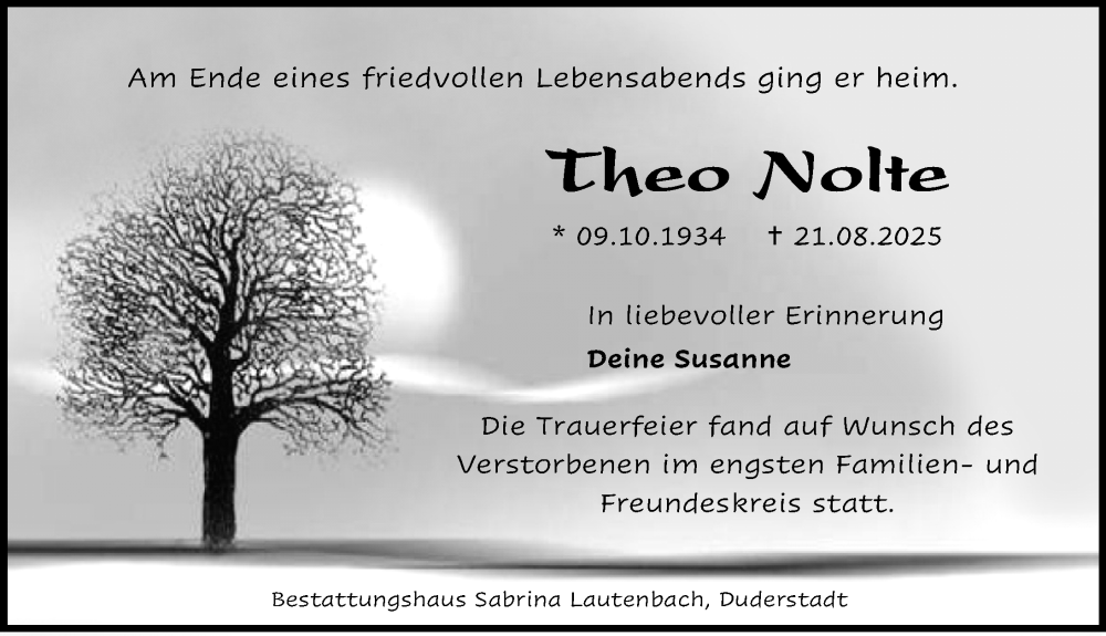  Traueranzeige für Theo Nolte vom 13.09.2025 aus Eichsfelder Tageblatt