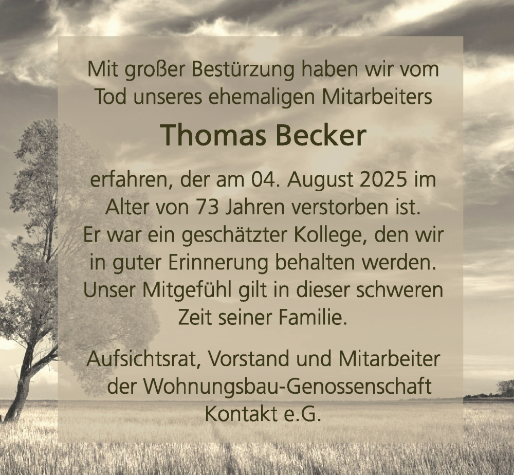  Traueranzeige für Thomas Becker vom 20.09.2025 aus Leipziger Volkszeitung