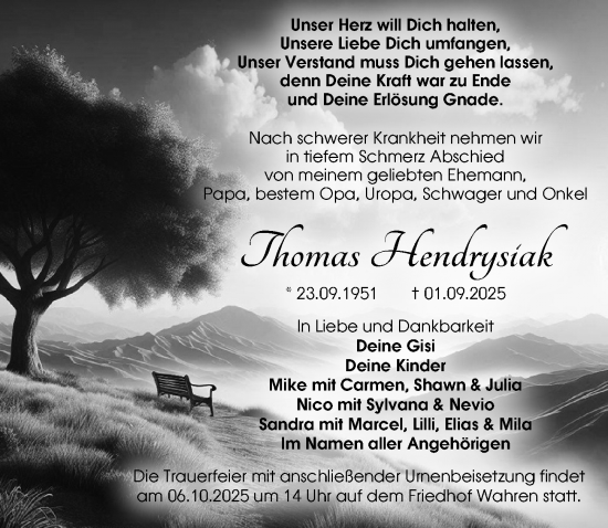 Traueranzeige von Thomas Hendrysiak von Leipziger Volkszeitung