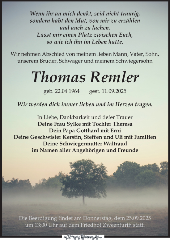 Traueranzeige von Thomas Remler von Leipziger Volkszeitung