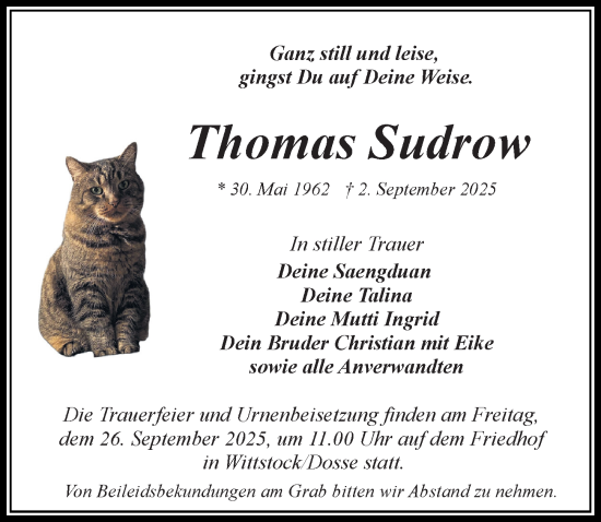 Traueranzeige von Thomas Sudrow von Wochenspiegel