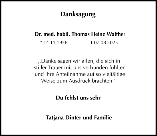 Traueranzeige von Thomas Heinz Walther von Leipziger Volkszeitung