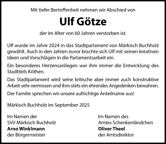 Traueranzeige von Ulf Götze von Märkischen Allgemeine Zeitung