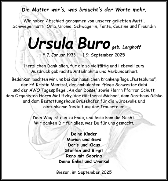 Traueranzeige von Ursula Buro von Wochenspiegel