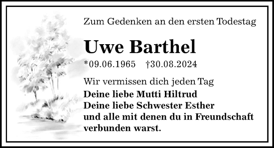 Traueranzeige von Uwe Barthel von Sächsische Zeitung