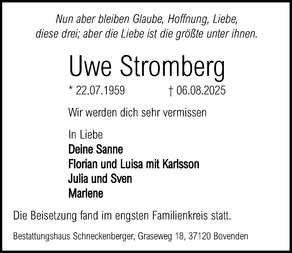  Traueranzeige für Uwe Stromberg vom 30.08.2025 aus Göttinger Tageblatt