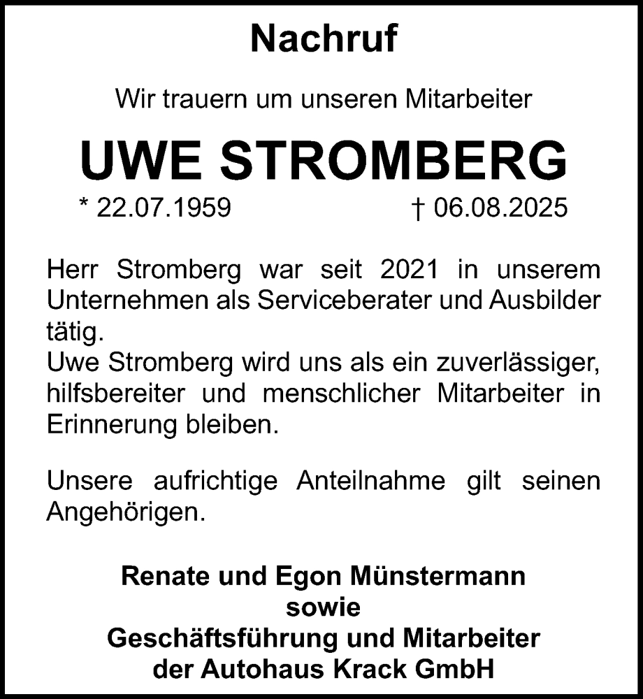  Traueranzeige für Uwe Stromberg vom 30.08.2025 aus Göttinger Tageblatt
