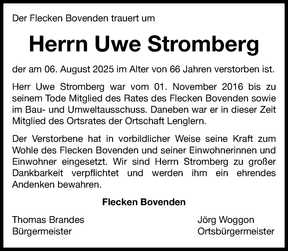  Traueranzeige für Uwe Stromberg vom 30.08.2025 aus Göttinger Tageblatt