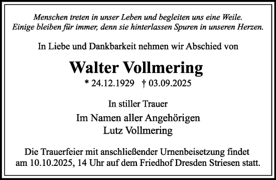 Traueranzeige von Walter Vollmering von Sächsische Zeitung