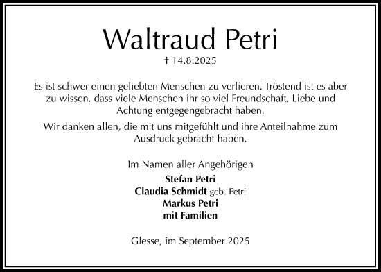 Traueranzeige von Waltraud Petri von Täglicher Anzeiger Holzminden