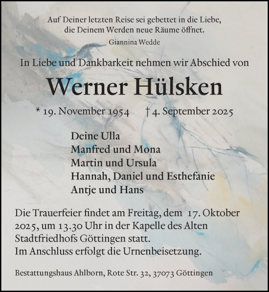 Traueranzeige von Werner Hülsken von Göttinger Tageblatt