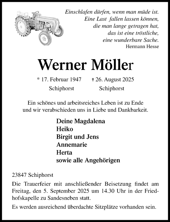 Traueranzeige von Werner Möller von Lübecker Nachrichten