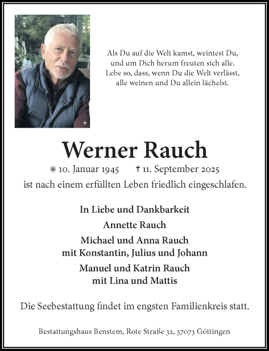 Traueranzeige von Werner Rauch von Göttinger Tageblatt