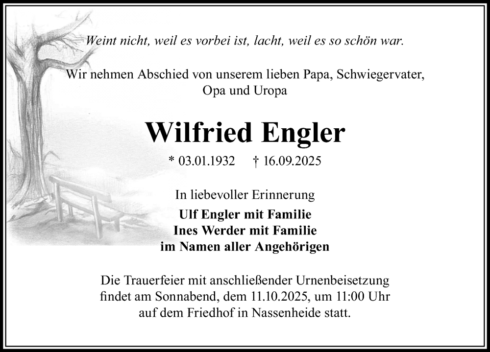  Traueranzeige für Wilfried Engler vom 27.09.2025 aus Märkischen Allgemeine Zeitung