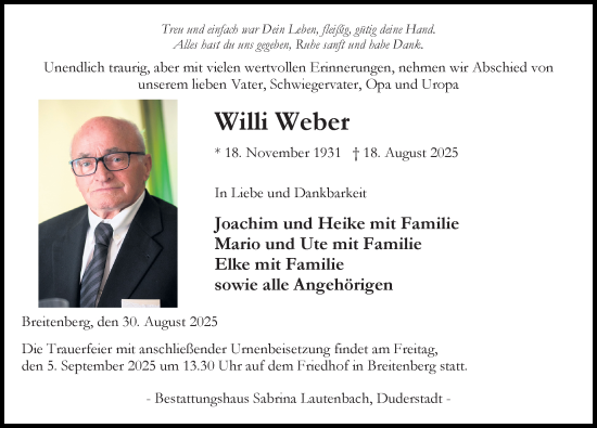 Traueranzeige von Willi Weber von Eichsfelder Tageblatt