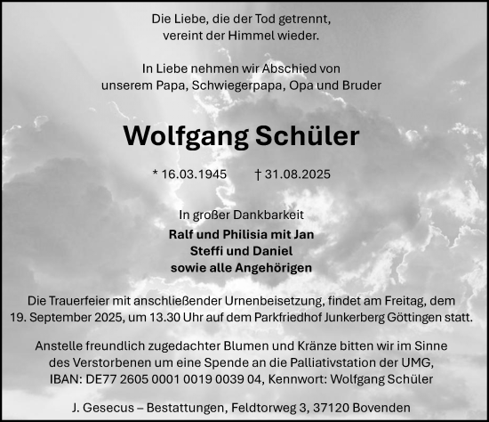 Traueranzeige von Wolfgang Schüler von Göttinger Tageblatt